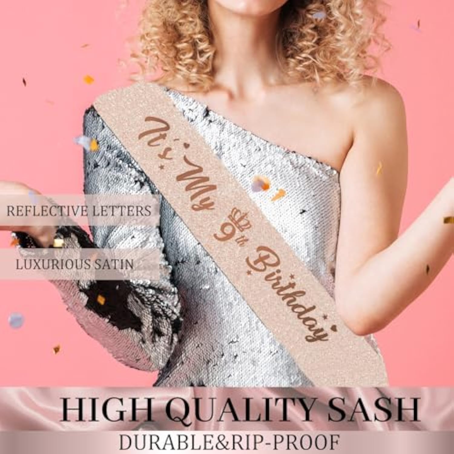 9Th Birthday Decoration Set - Rose Gold Arch, Banner, Tablecloth, Tiara, 60 Latex Balloons