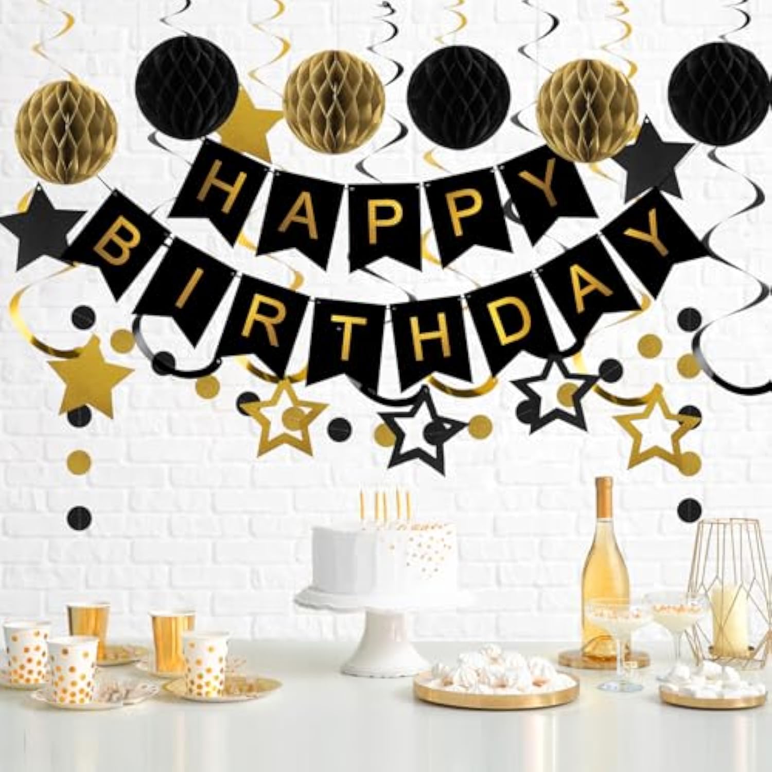Black & Gold Birthday Decorations Set Banner, Honeycomb Balls, Swirls and Garland for All Ages