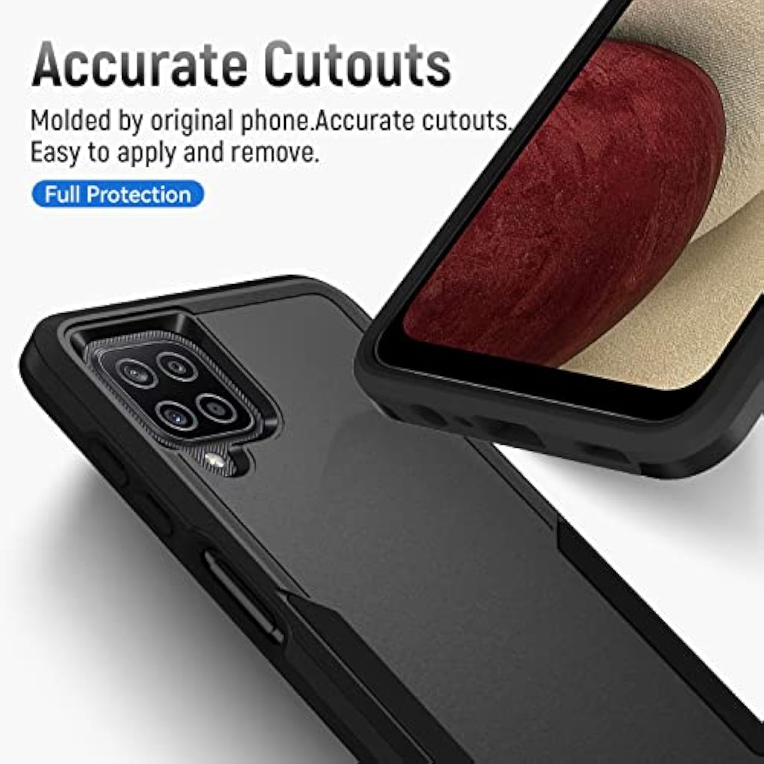 For Galaxy A12 Case, With Screen Protector, Heavy-Duty Tough Rugged Slim Shockproof Protective Case For Samsung A12, Black