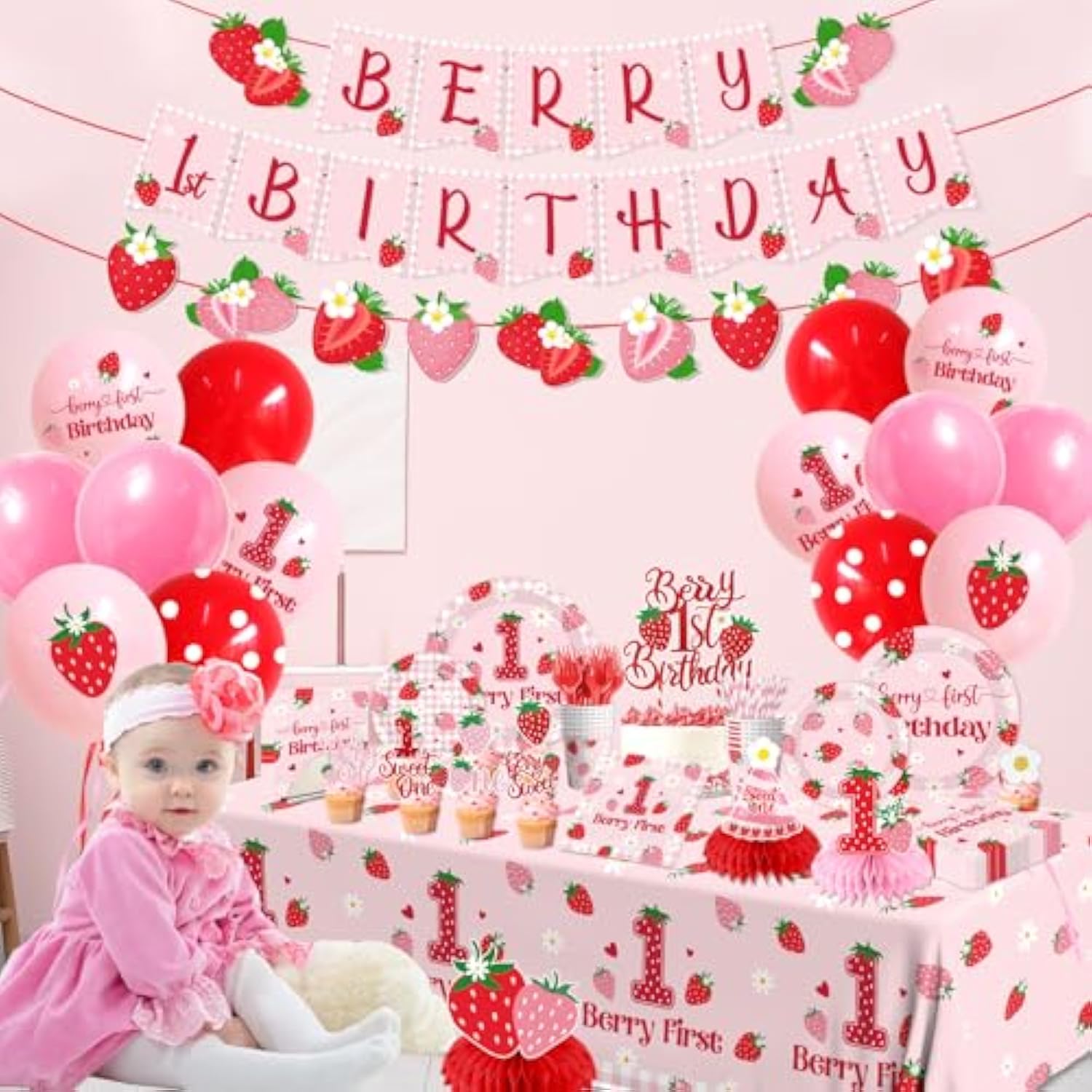 Berry First Birthday Tableware,Strawberry 1St Birthday Party Decorations For Girls,Strawberry Sweet One Themed Plates And Napkins Disposable Tablecloth,Cups,Balloon,Forks,Cupcake Topper,Serve 24