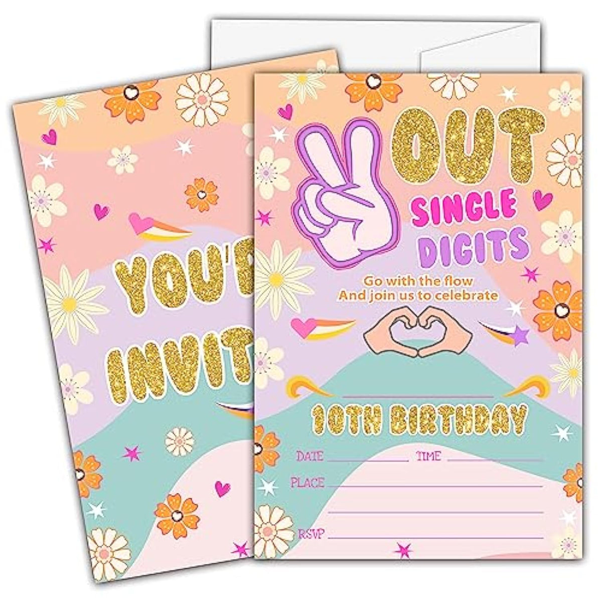 Peace Out Single Digits Birthday Invitations For Kids Girls Boys, Rainbow Tie Dye Double Digits 10Th Birthday Party Invitation Cards, Party Decor Supplies - 20 Fill In Invitations With Envelopes (C01)