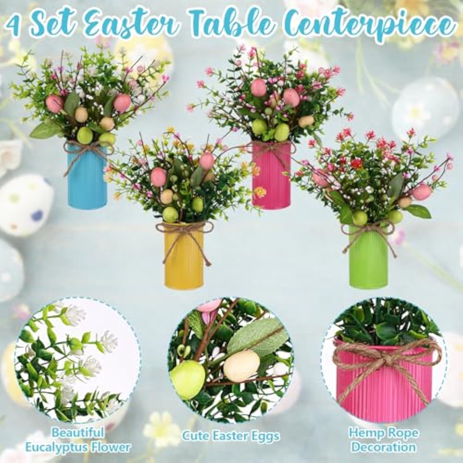 4 Set Easter Table Centerpiece Artificial Easter Egg Picks With High Farmhouse Vase Artificial Easter Flower 4 Metal Pot 8 Easter Spray With Eggs 8 Berries Eucalyptus Flower Plants For Easter Tabletop