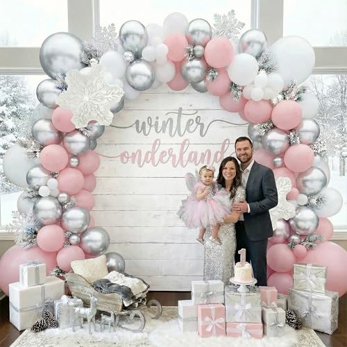 144PCS Pink Winter Balloon Arch Garland Kit with White Silver Snowflake Star Balloons for Winter Wonderland Girl Baby Shower, Baby Its Cold Outside Party, Christmas Decorations