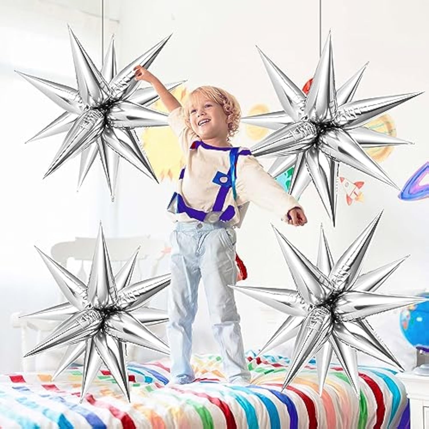 72pcs 12-Point Silver Star Balloons, Mylar Starburst Foil Balloons for Parties