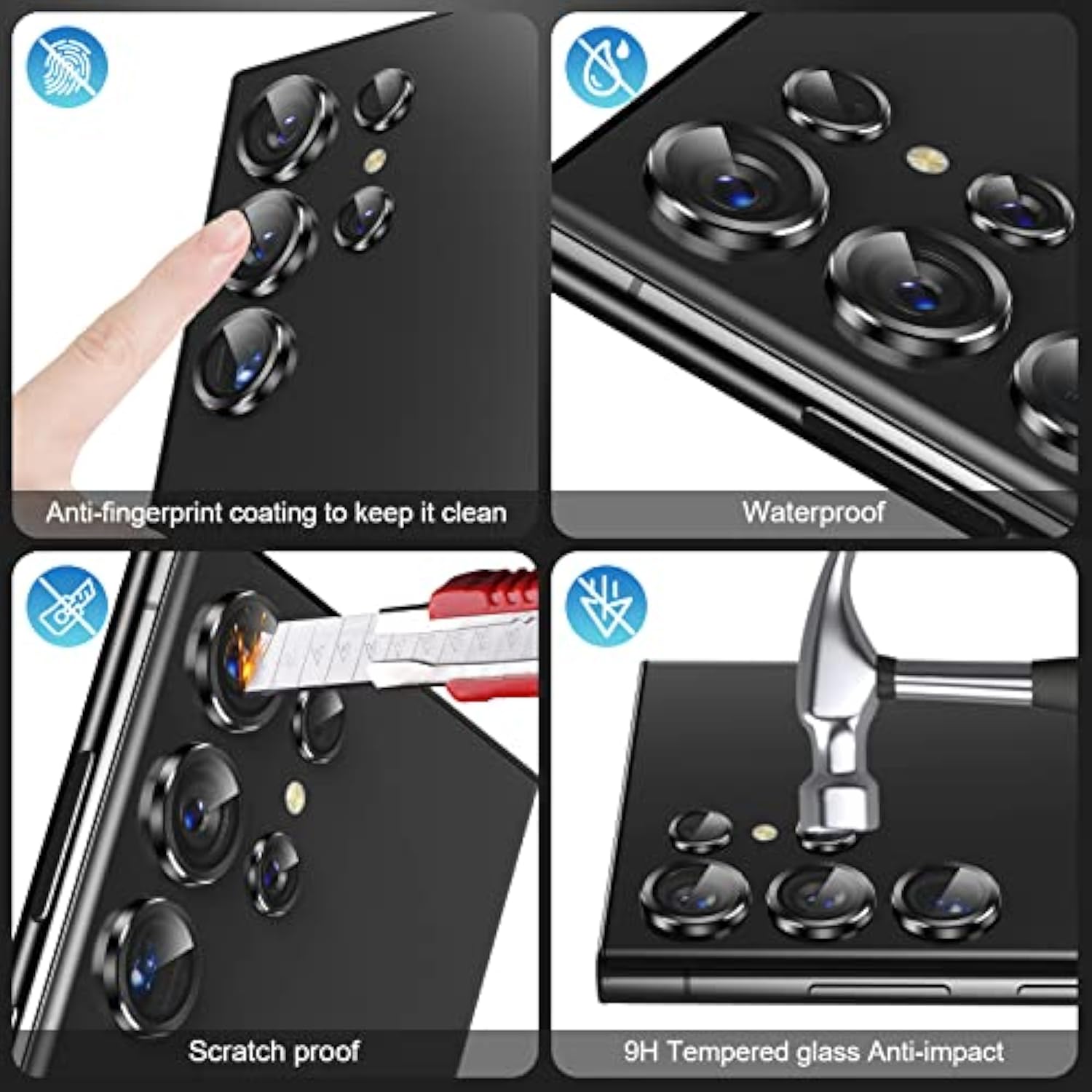 [5+5 Pack] For Samsung Galaxy S23 Ultra Camera Lens Protector 9H Tempered Glass Camera Screen Protector For S23 Ultra Accessories Aluminum Edge Lens Cover Hd Clear Case Friendly 2 Sets [Black]