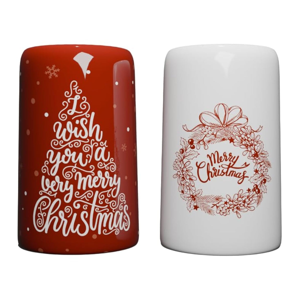 Salt And Pepper Shakers – Christmas Kitchen Decor – Holiday Table Shaker Set With Christmas Tree And Wreath Design – Large Festive Seasoning Shakers