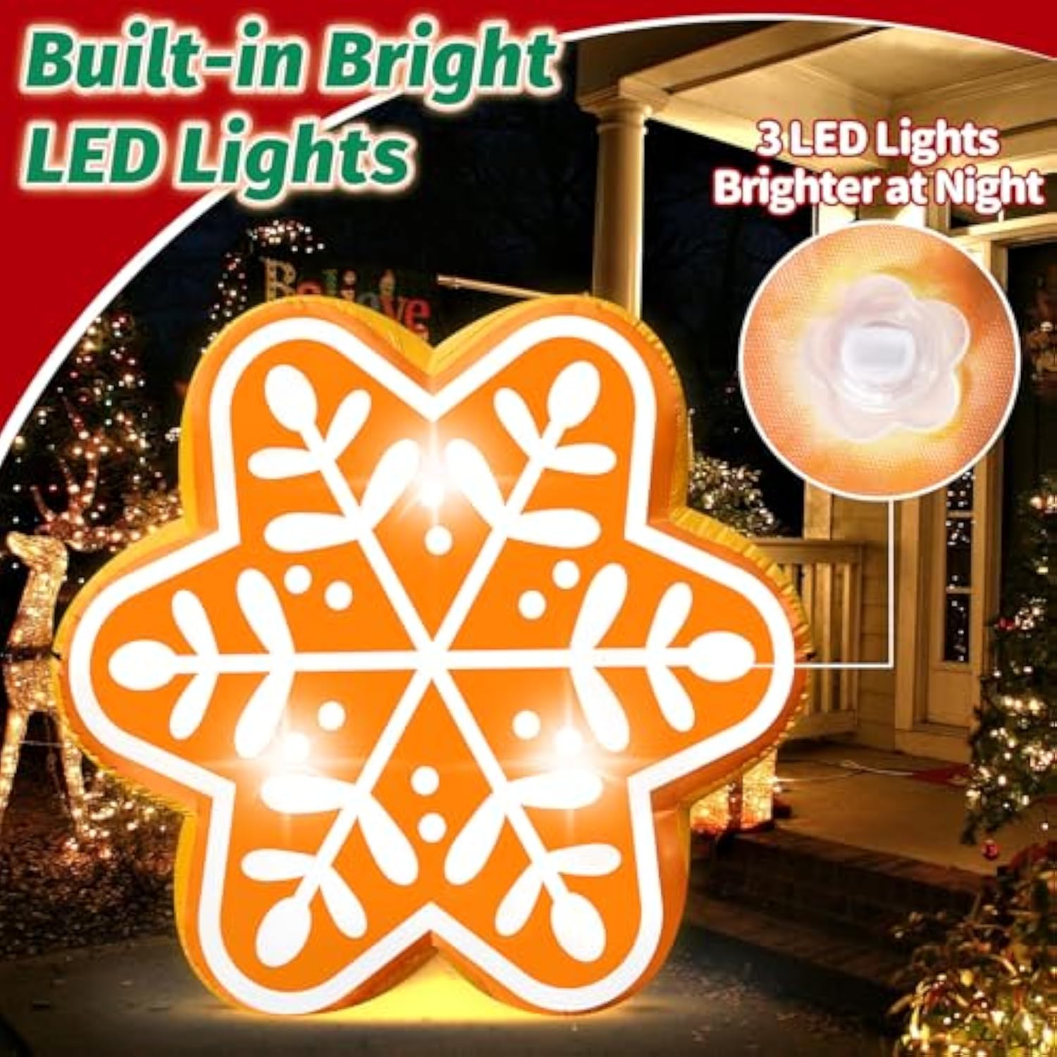 5Ft Christmas Inflatable Snowflake Gingerbread Blow-Up Giant Gingerbread Snowflake Built-In 3 Led Lights For Christmas I