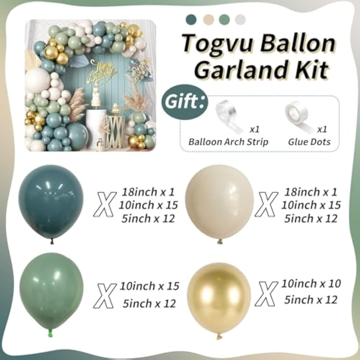 Dusty Sage Green Blue Gold Balloon Garland Kit, 107 Pcs Pastel Olive Green Slate Blue Beige Metallic Gold Balloon Arch Kit For Women Men Boho Birthday Wedding Baby Bridal Shower Party Decorations