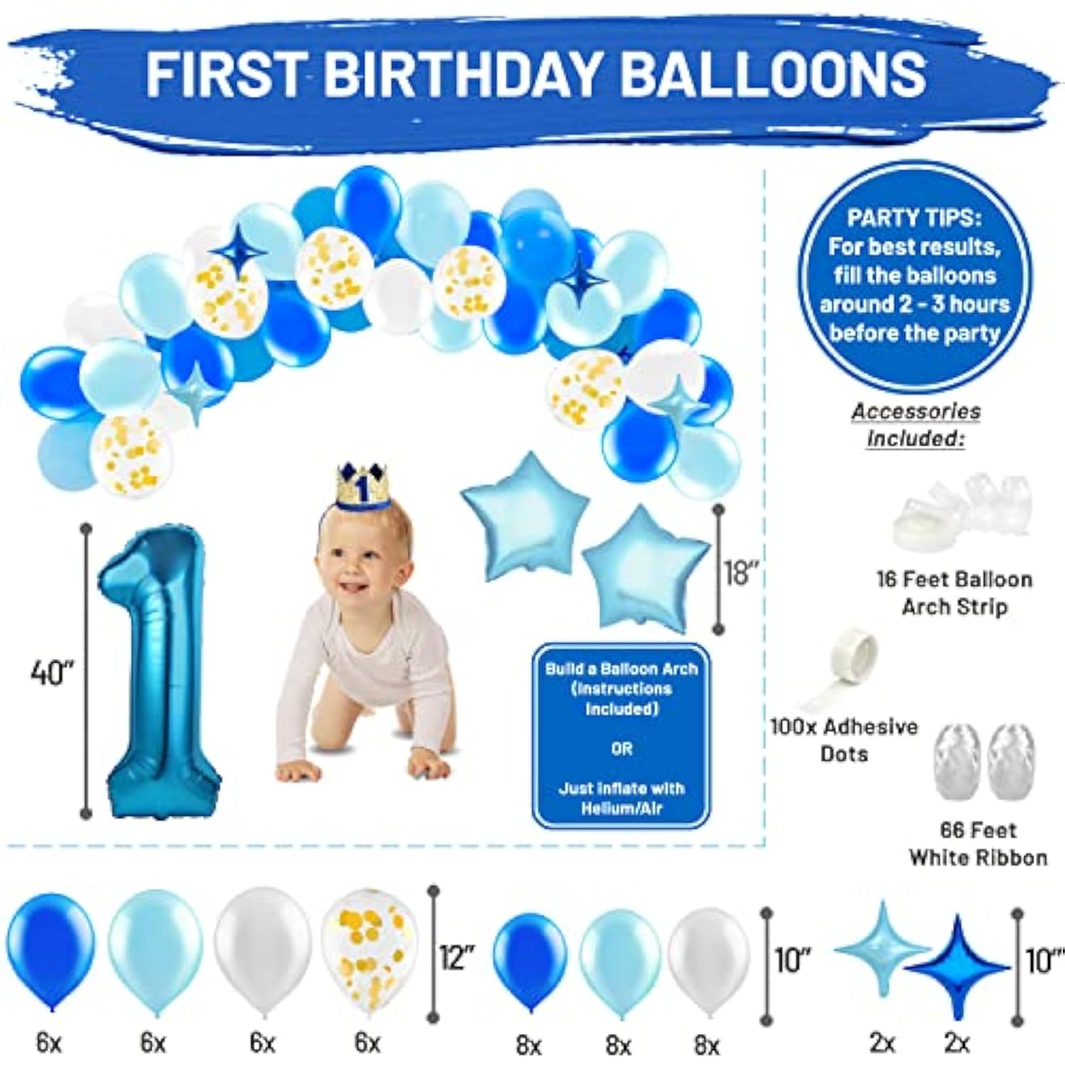 Baby Boy 1St Birthday Decorations With Birthday Crown - First Birthday Boy Decorations - Cake Smash Party Supplies - Happy Birthday And Highchair One Burlap Banner, Number One Balloon, Cake Topper.