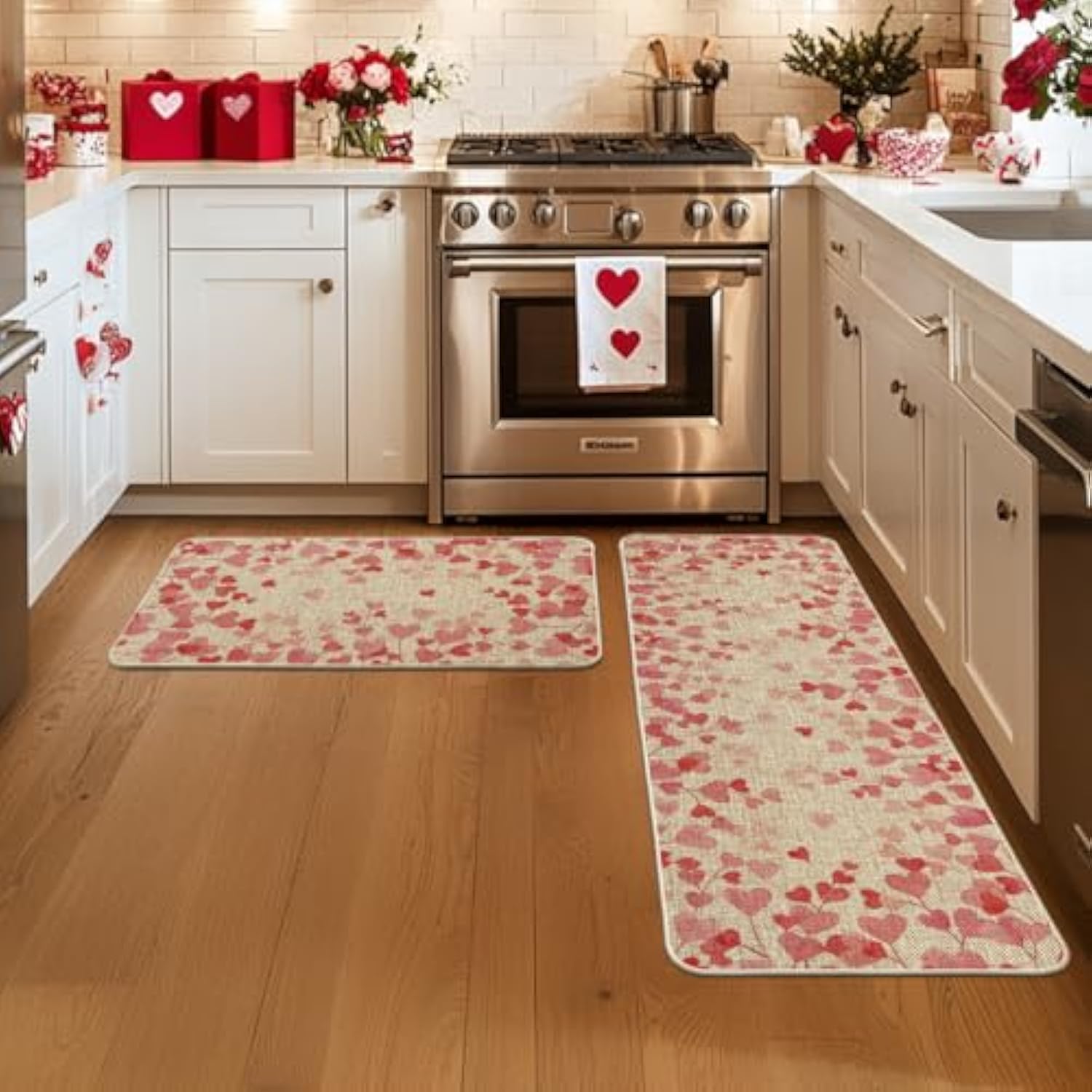 Pink Love Heart Valentines Kitchen Mats Set Of 2, Home Decor Low-Profile Kitchen Rugs For Floor - 17X29 And 17X47 Inch