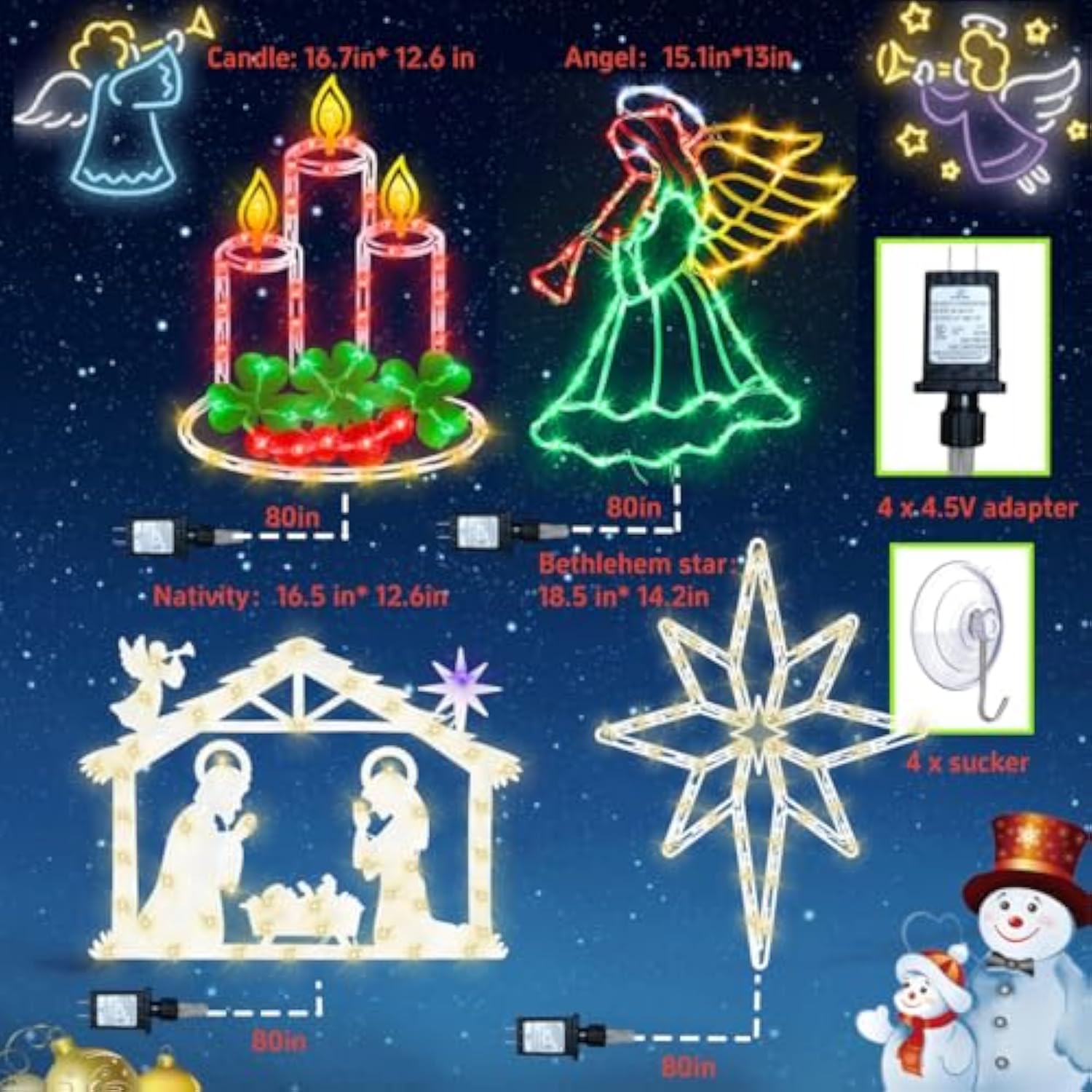 Christmas Decorations - 16" Christmas Window Silhouette Lights Decorations - 4 Pack Colour Lighted Angel ? Bethlehem Sta