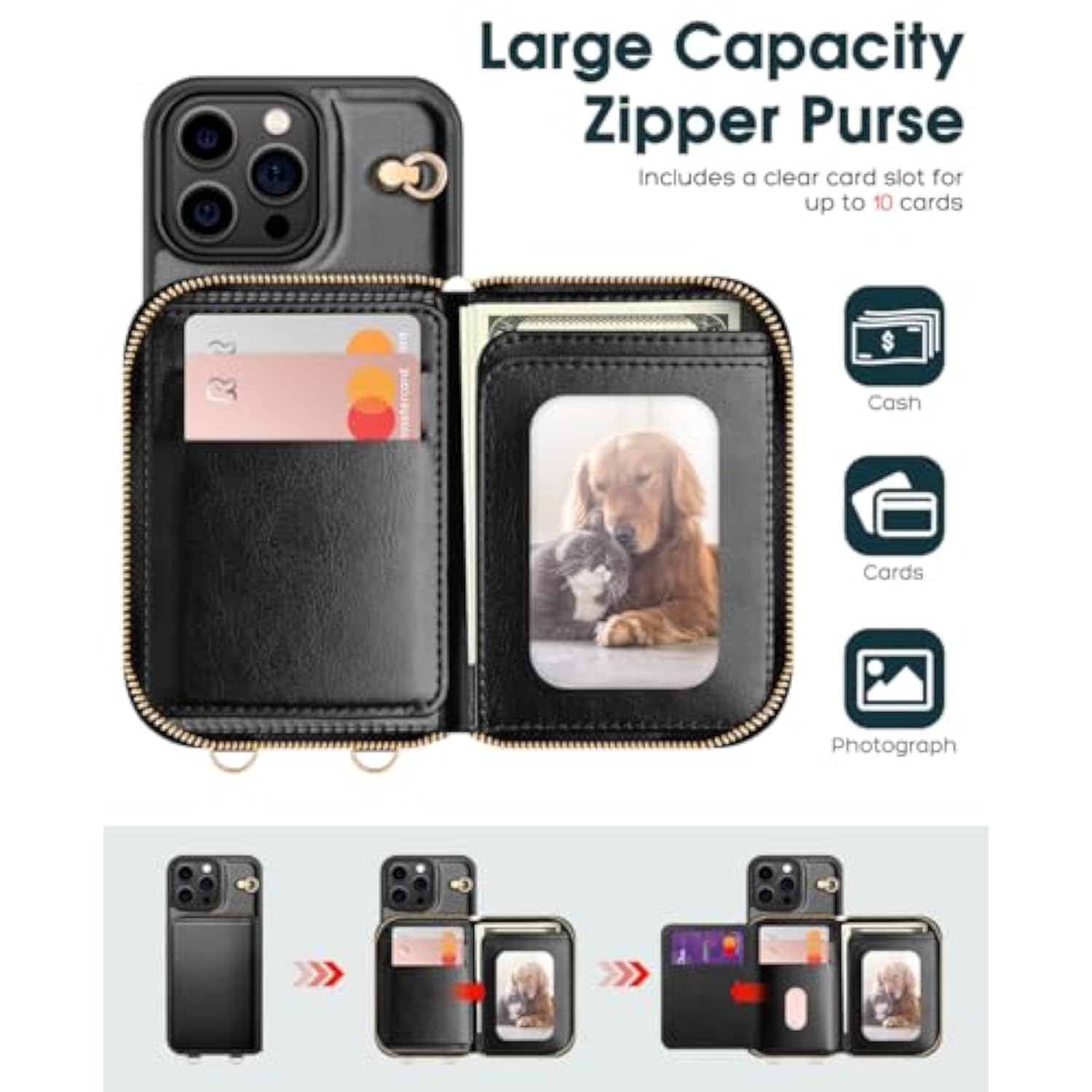 Compatible With Iphone 16 Pro Max Crossbody Wallet Case With Card Holder, Pu Leather Zipper Handbag Phone Purse With Rfid Blocking Kickstand Wrist Strap Lanyard 6.9 Inch, Black