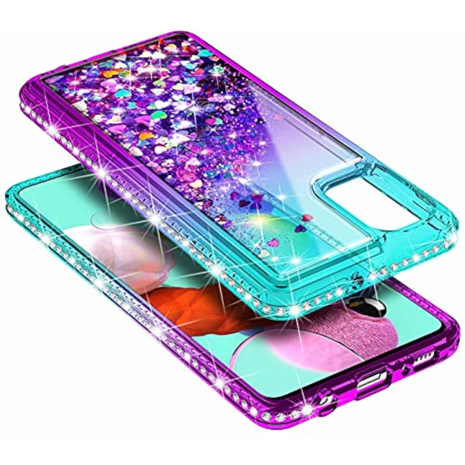 Ngb Case For Samsung Galaxy A71 5G With Tempered Glass Screen Protector (Not Fit A71 4G) Ring Holder/Wrist Strap, Girls Women Liquid Bling Sparkle Floating Glitter Cute Case (Aqua/Purple)