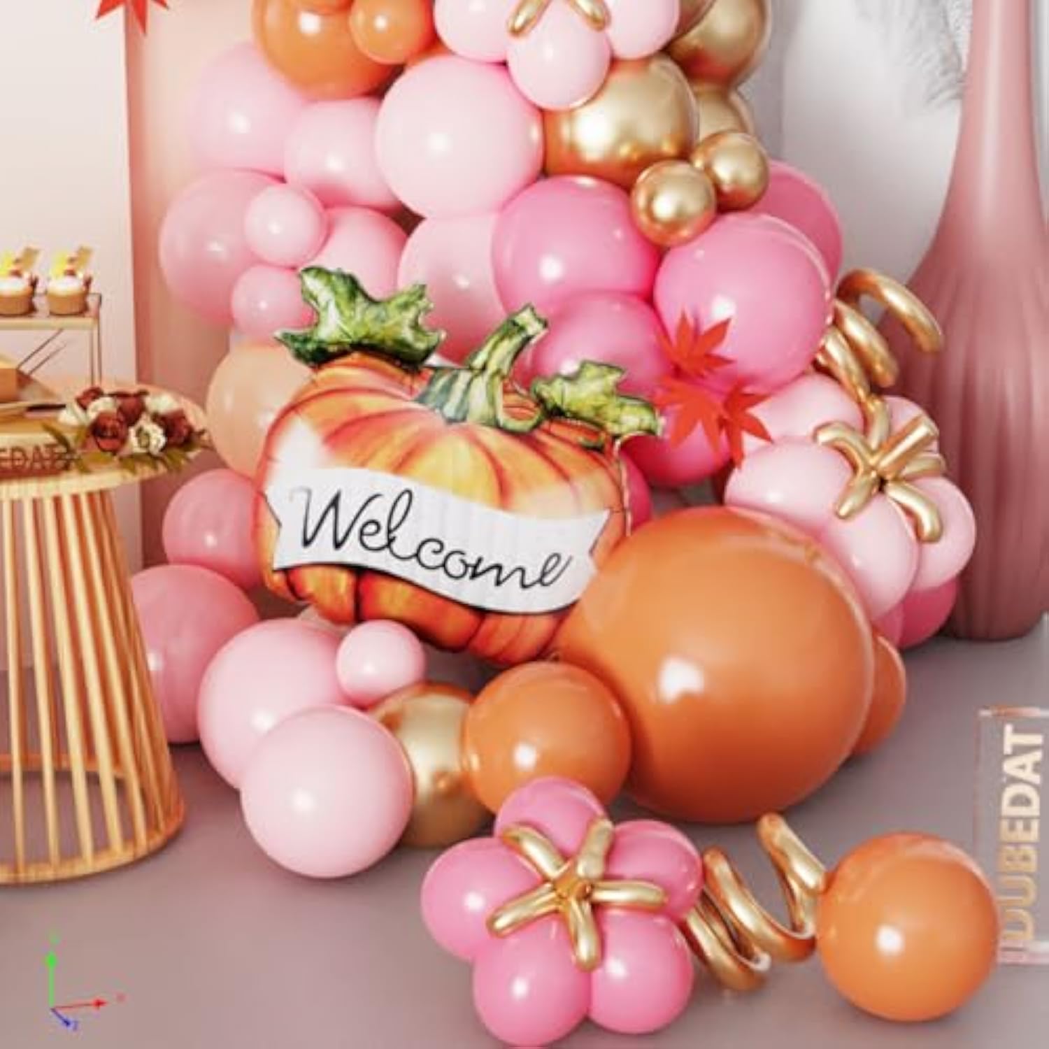 142PCS Fall Balloon Arch Kit with Orange Pink Gold Balloons for Baby Shower Party
