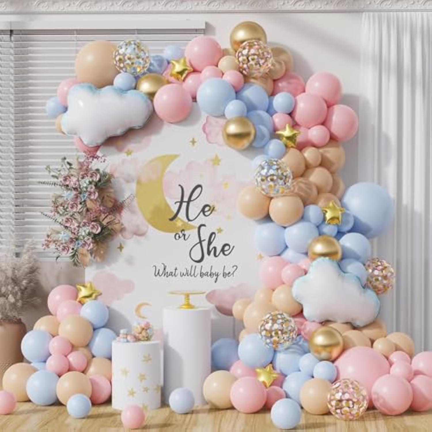 Gender Reveal Cloud Balloon Garland Arch Kit 151Pcs Pastel Pink And Blue Confetti Balloon For He Or She Gender Reveal Birthday Party Decorations