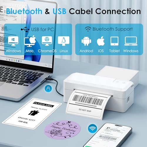 Shipping Thermal Label Printer, 4X6 Portable Label Printer, Bluetooth Label Maker For Small Business, Support Iphone,Android,Windows,Mac,Chromebook,Works With Usps, Etsy,Shopify&More, White