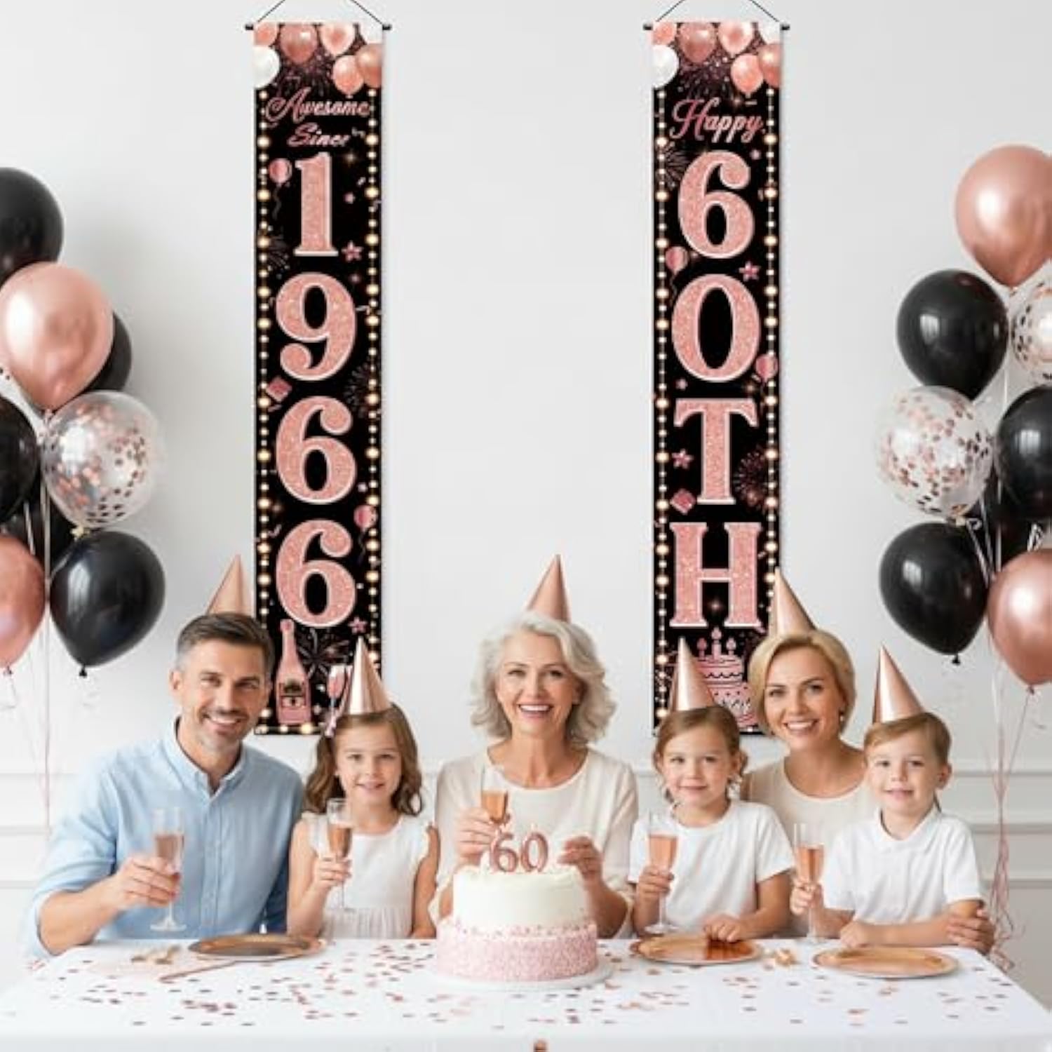 60Th Birthday Banner Decorations For Women - Black Rose Gold Awesome Since 1966 Happy 60Th Birthday Door Banner, Funny Porch Sign 60 Years Bday Anniversary Party Supplies With Ribbon