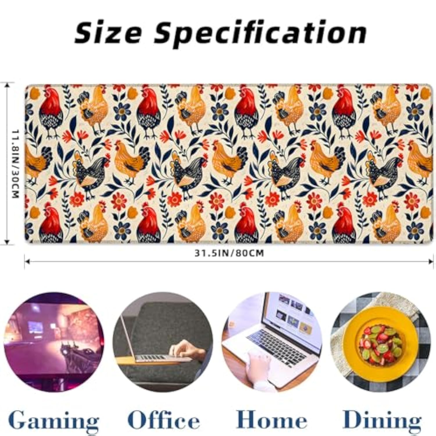 Chicken Gaming Mouse Pad Extended Desk Computer Keyboard Laptop Mouse Pads For Gaming Home Office Work, Large Long Desk Mat Mousepad With Non-Slip Rubber Base 31.5×11.8Inch (Farmhouse Chicken)