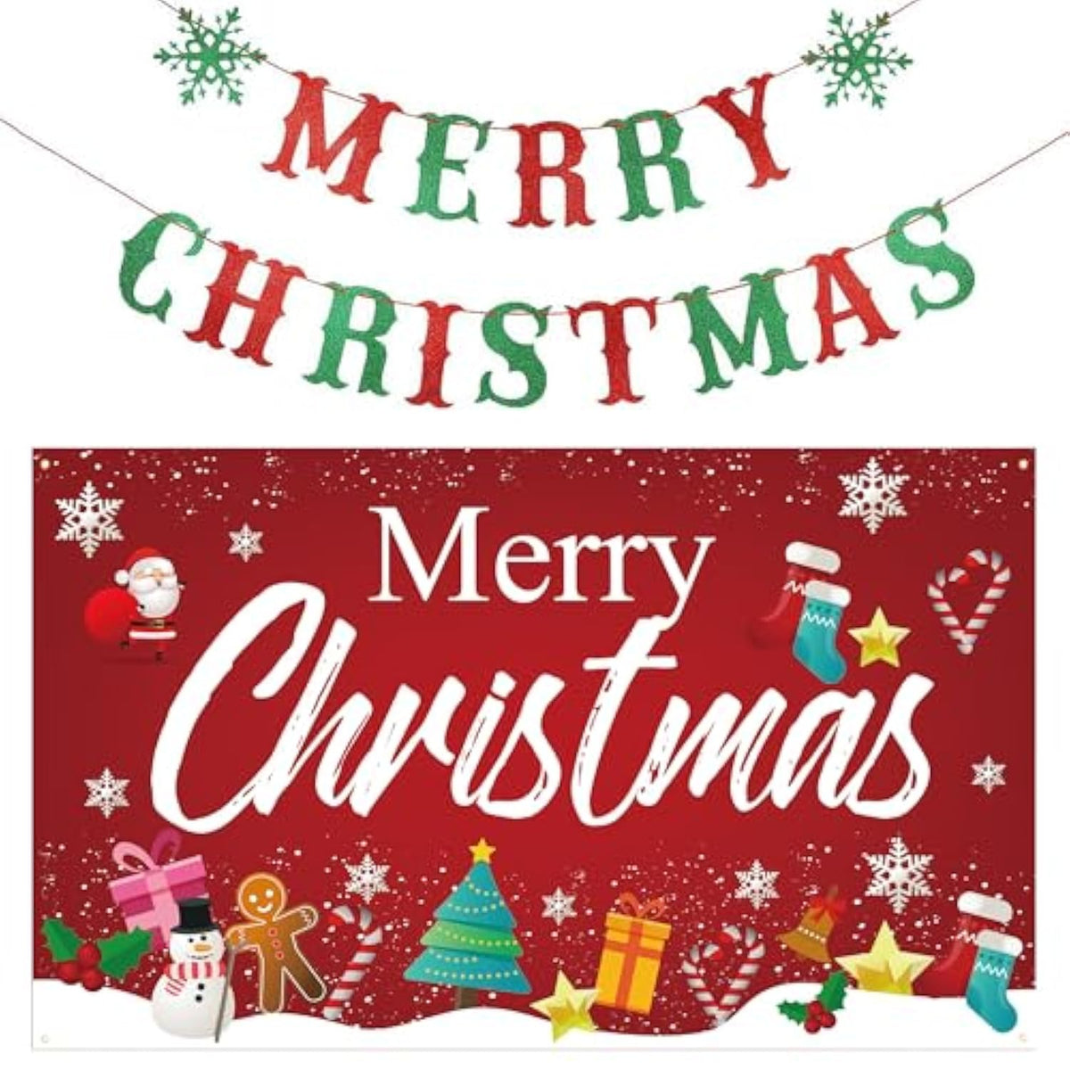 Merry Christmas Banner Decorations Outdoor Hanging Banner Bunting Flags Christmas Background Backdrop Banners Photo Props Xmas Party Supplies Set For Indoor Wall