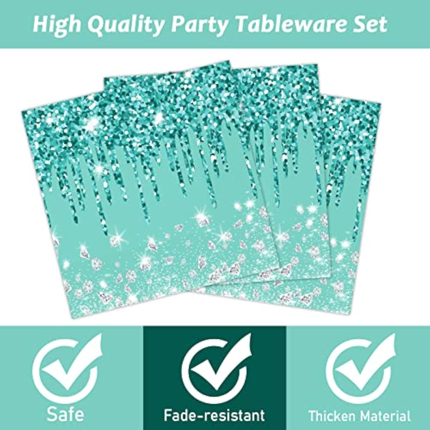 96 Pcs Teal And Silver Tableware Set For 24 Guests Happy Birthday Table Decorations Breakfast Blue Birthday Theme Dessert Plates Napkins Forks For Girls Women Silver Glitter Birthday Party Supplies