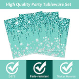 96 Pcs Teal And Silver Tableware Set For 24 Guests Happy Birthday Table Decorations Breakfast Blue Birthday Theme Dessert Plates Napkins Forks For Girls Women Silver Glitter Birthday Party Supplies