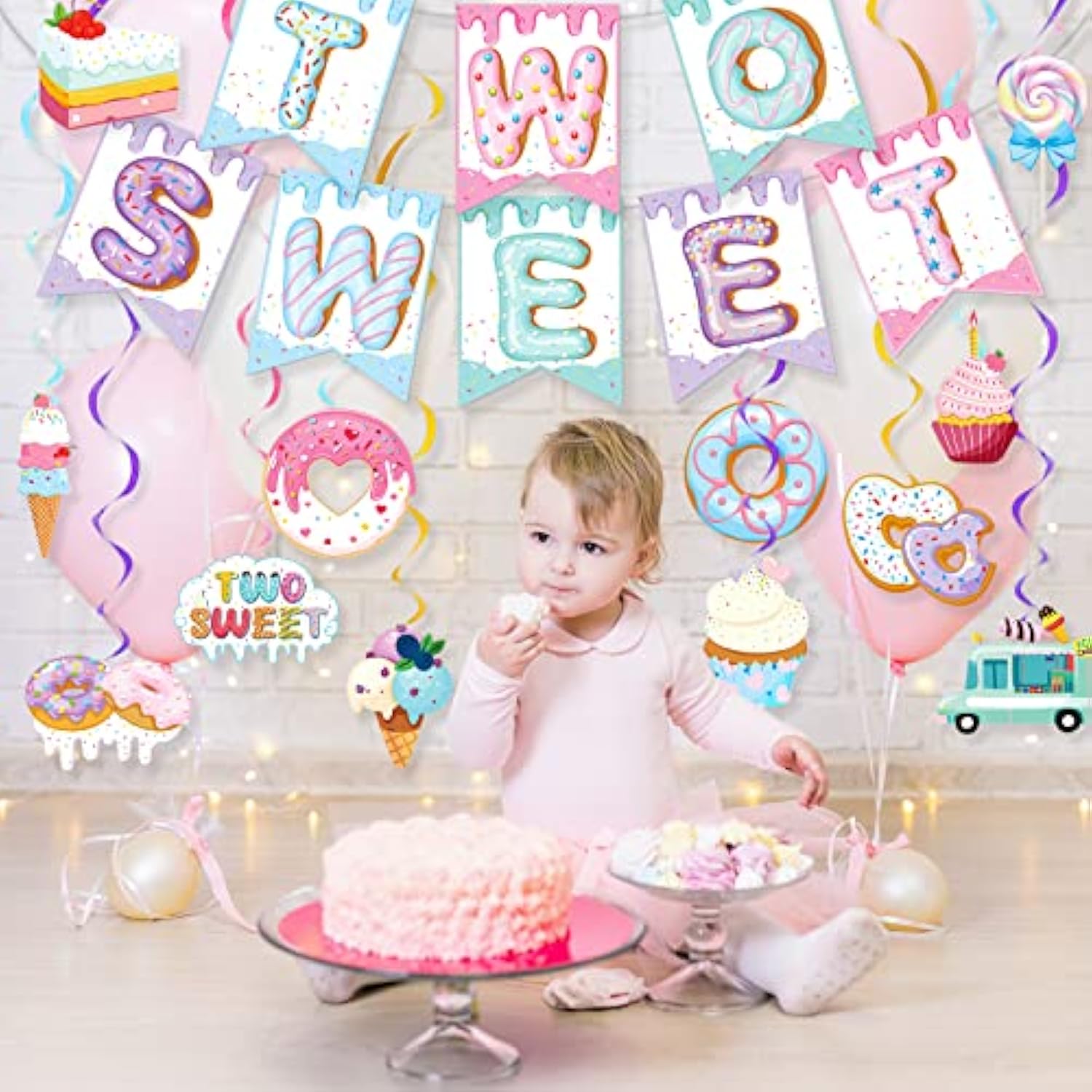 25 Pcs Two Sweet Donut Birthday Party Decorations Include Two Sweet Banner 24 Ice Cream And Donut Party Hanging Streamers 2Nd Birthday Decorations For Girl