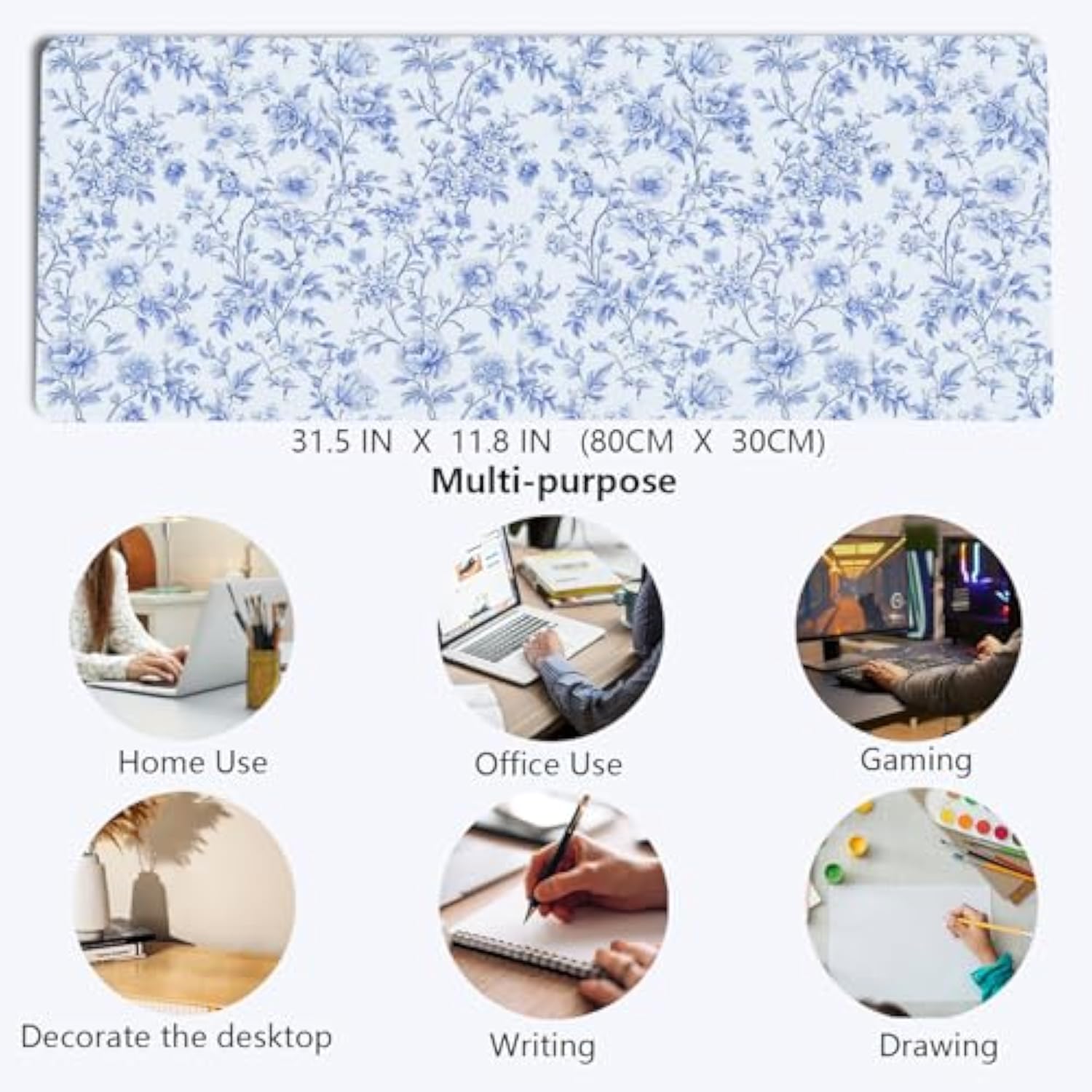Light Blue Chinoiserie Mouse Pad,Vintage Blue And White Floral Desk Mat,Xl Large Vintage Floral Preppy Mouse Pad,Girly Gaming Mousepad,Girly Laptop Desk Mat For Dorm Home Office,31.5X11.8 Inch