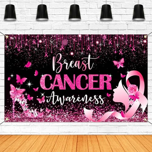Breast Cancer Awareness Backdrop October Pink Ribbon Party Decorations for Home Breast Cancer Awareness Banner Background for Photography (Pink, 70.8x43.3 inch)