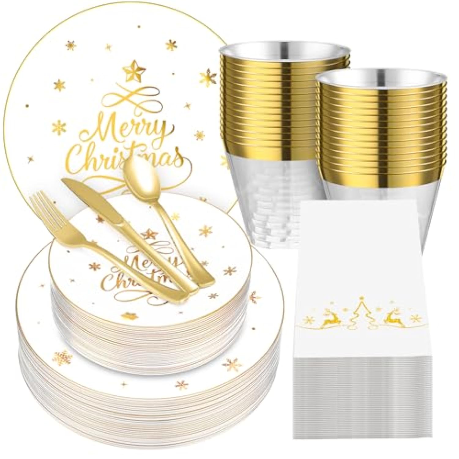 210 Pcs Christmas Plastic Dinnerware Sets Merry Christmas Party Supplies Disposable Plates Cups Napkins Forks Knives Spoons Sets(White, Gold)