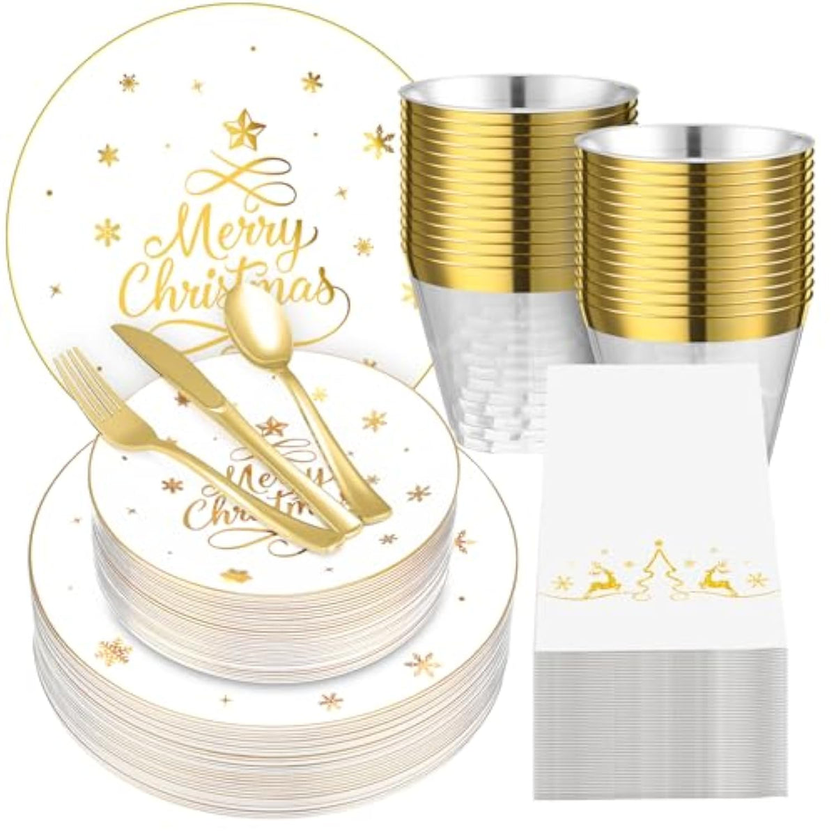 210 Pcs Christmas Plastic Dinnerware Sets Merry Christmas Party Supplies Disposable Plates Cups Napkins Forks Knives Spoons Sets(White, Gold)