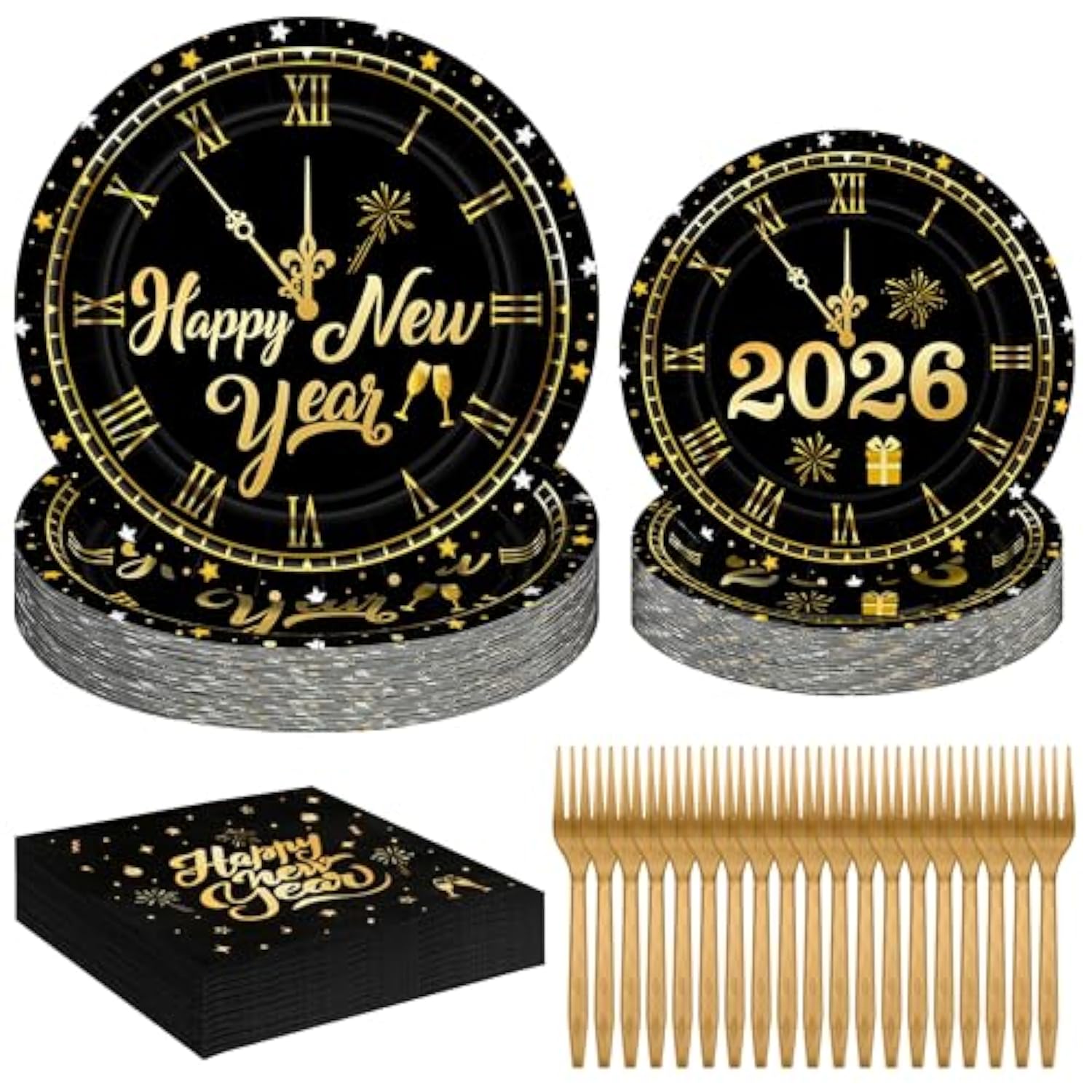 96 Pcs Happy New Year Plates And Napkins, 2026 Nye Plates Black Gold With Clock Design, Disposable Dinnerware Set Include Plate, Napkins, Fork, Happy New Year Plate For Eve Party Supplies Serves 24
