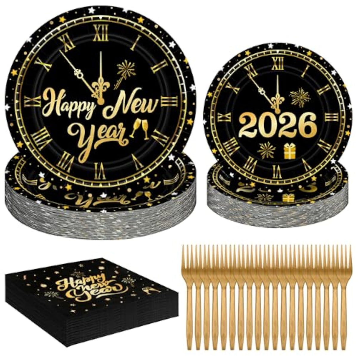 96 Pcs Happy New Year Plates And Napkins, 2026 Nye Plates Black Gold With Clock Design, Disposable Dinnerware Set Include Plate, Napkins, Fork, Happy New Year Plate For Eve Party Supplies Serves 24