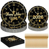 96 Pcs Happy New Year Plates And Napkins, 2026 Nye Plates Black Gold With Clock Design, Disposable Dinnerware Set Include Plate, Napkins, Fork, Happy New Year Plate For Eve Party Supplies Serves 24