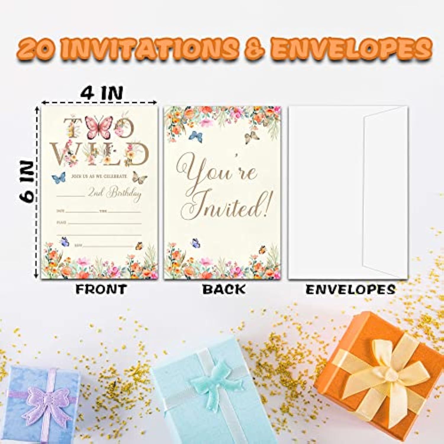 Butterfly Birthday Invitations For Boys Girls, Two Wild Birthday Party Supplies And Decoration, 20 Cards With 20 Envelopes -A06