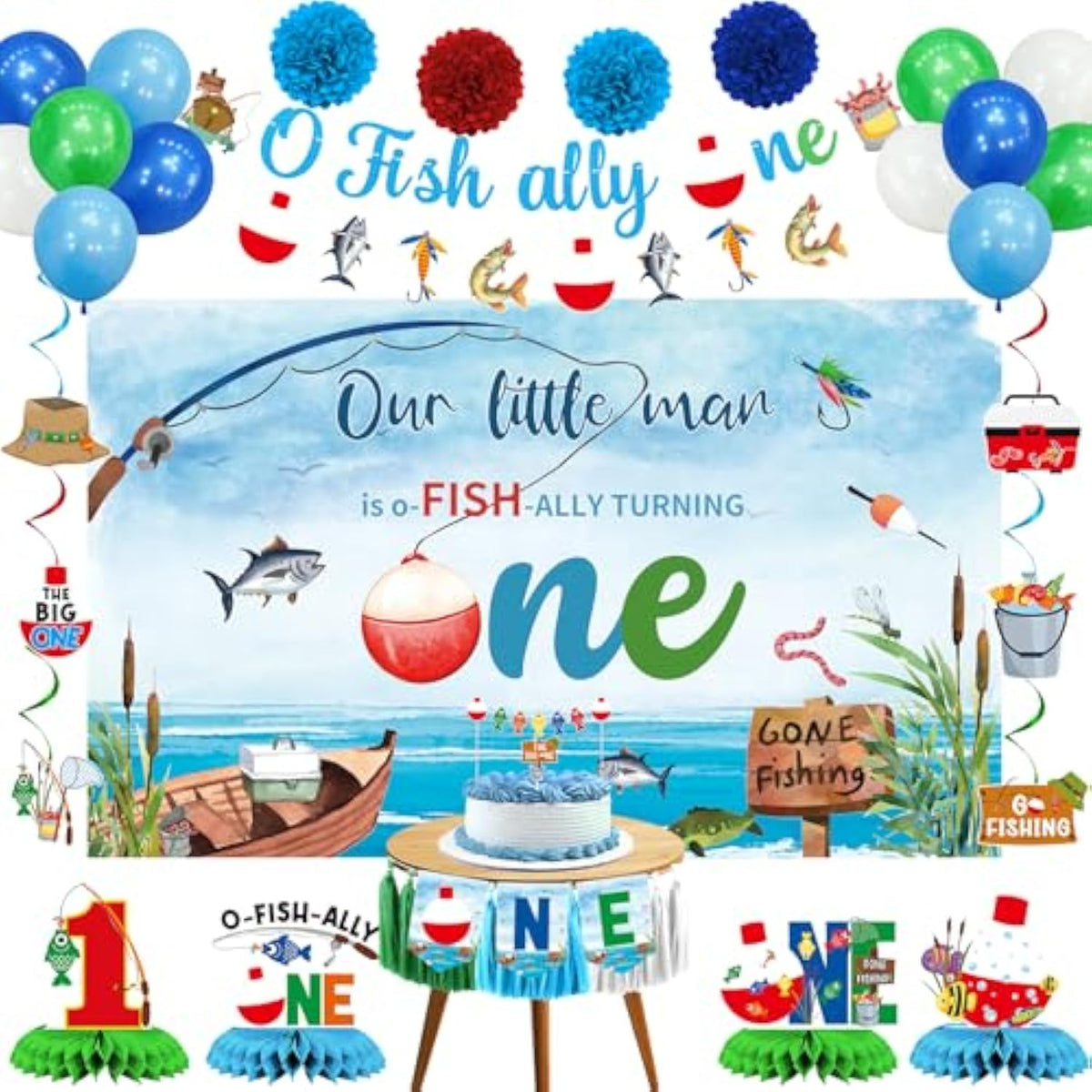 Ofishally One Birthday Decorations - Our Little Man Is Ofishally Turning One Backdrop, Banner, Hanging Swirls, Paper Pom Poms, Honeycomb And Balloons For Boy 1St Birthday Party Supplies