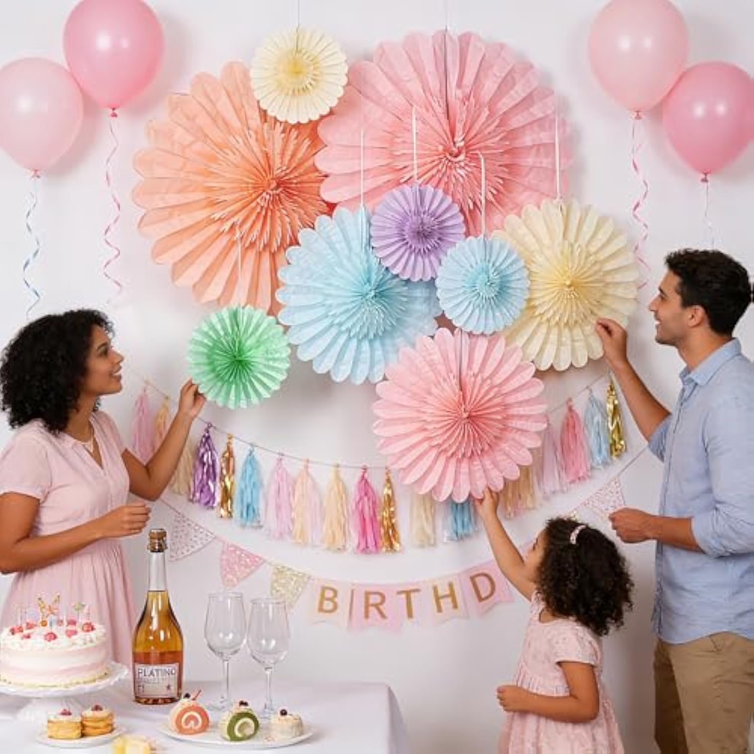 9Pcs Spring Pastel Paper Fans Party Decoration,Paper Flowers Wall Decoration, Rainbow Birthday Party Decorations Tissue Pom Poms For Birthday Wedding Baby Shower Classroom.