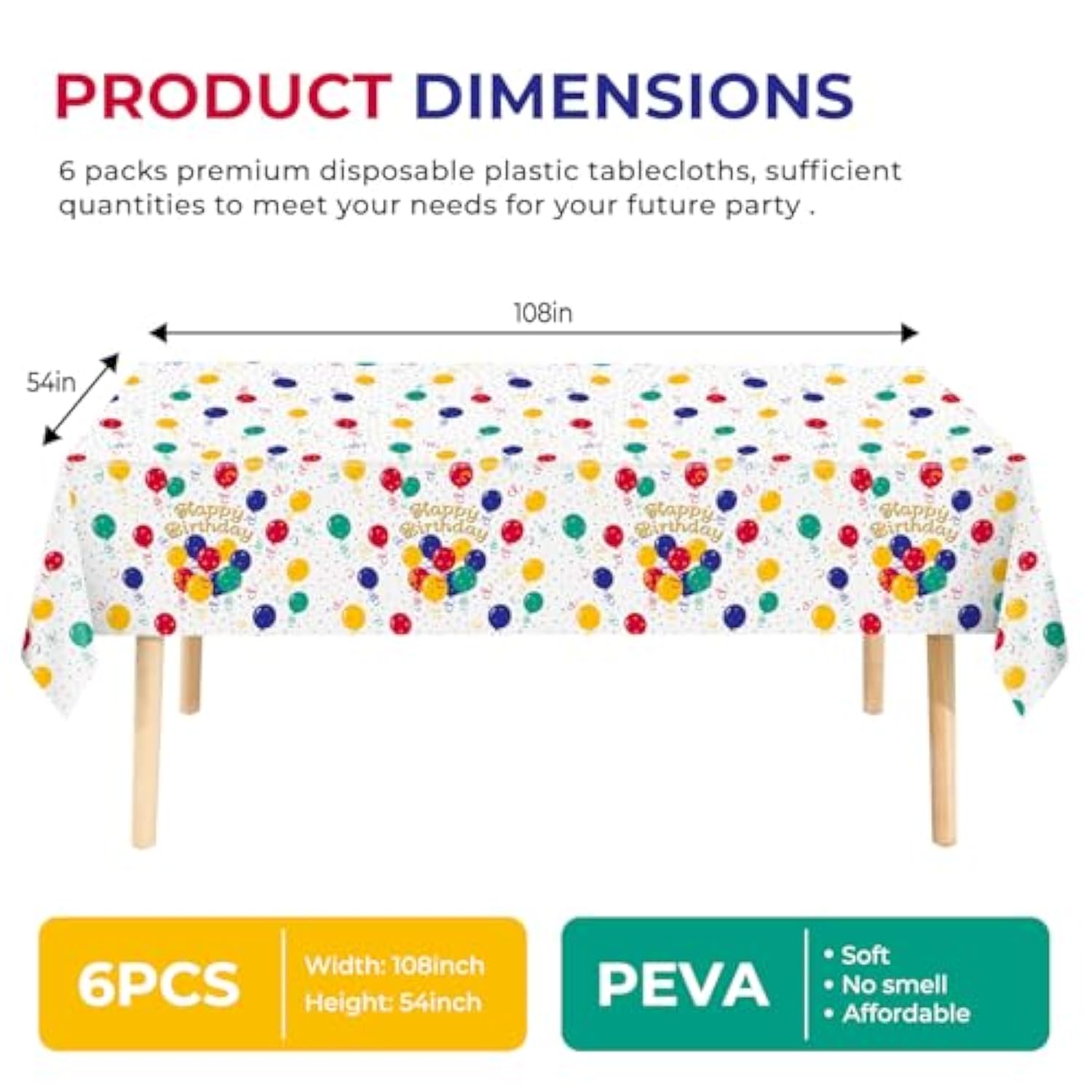 6pcs Happy Birthday Tablecloths, 54x108" Disposable Covers for Parties & Events