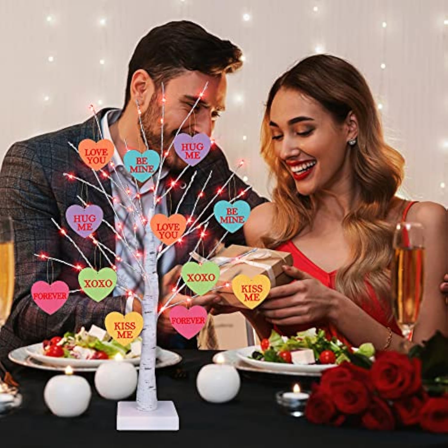 [Timer] Valentines Day Decoration 24 Inch Valentines Decor Tree Light With 12 Heart Ornaments, Usb/Battery Operated Valentines Day Decor Lighted Tree, Valentines Day Decorations For Home Table Bedroom