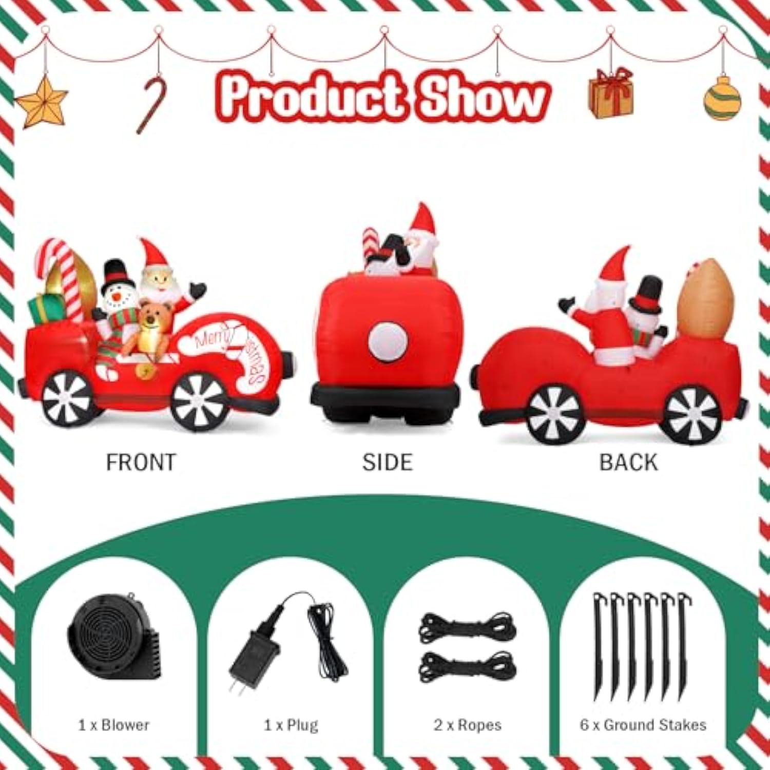 7Ft Inflatable Christmas Santa Claus Driving With Snowman And Bear, Outdoor Christmas Blow Up Yard Decoration With Built