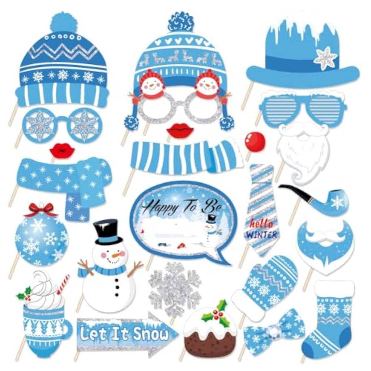 Snowman Photo Booth Props,Winter Wonderland Snow Booth Props(25Ct)