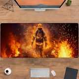 Heroic Firefighter Gaming Mouse Pad, Large Office Desktop Intense Fire Design Mousepad For Computer Laptop, Extended Work Desk Mat With Anti-Slip Base, Decorative Desk Pad 31.5×11.8 In