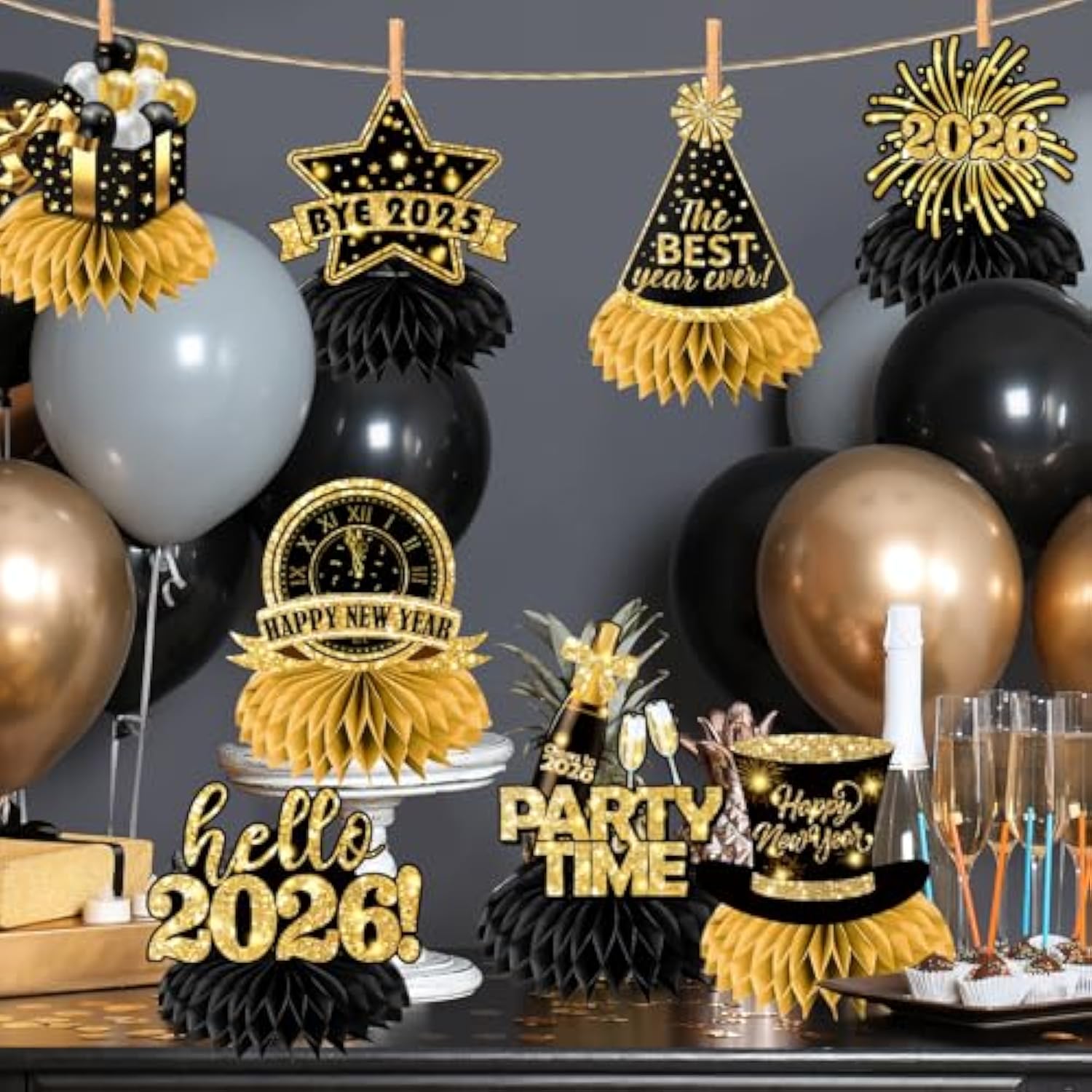 9-Pack Black and Gold Honeycomb New Year 2026 Table Centerpieces