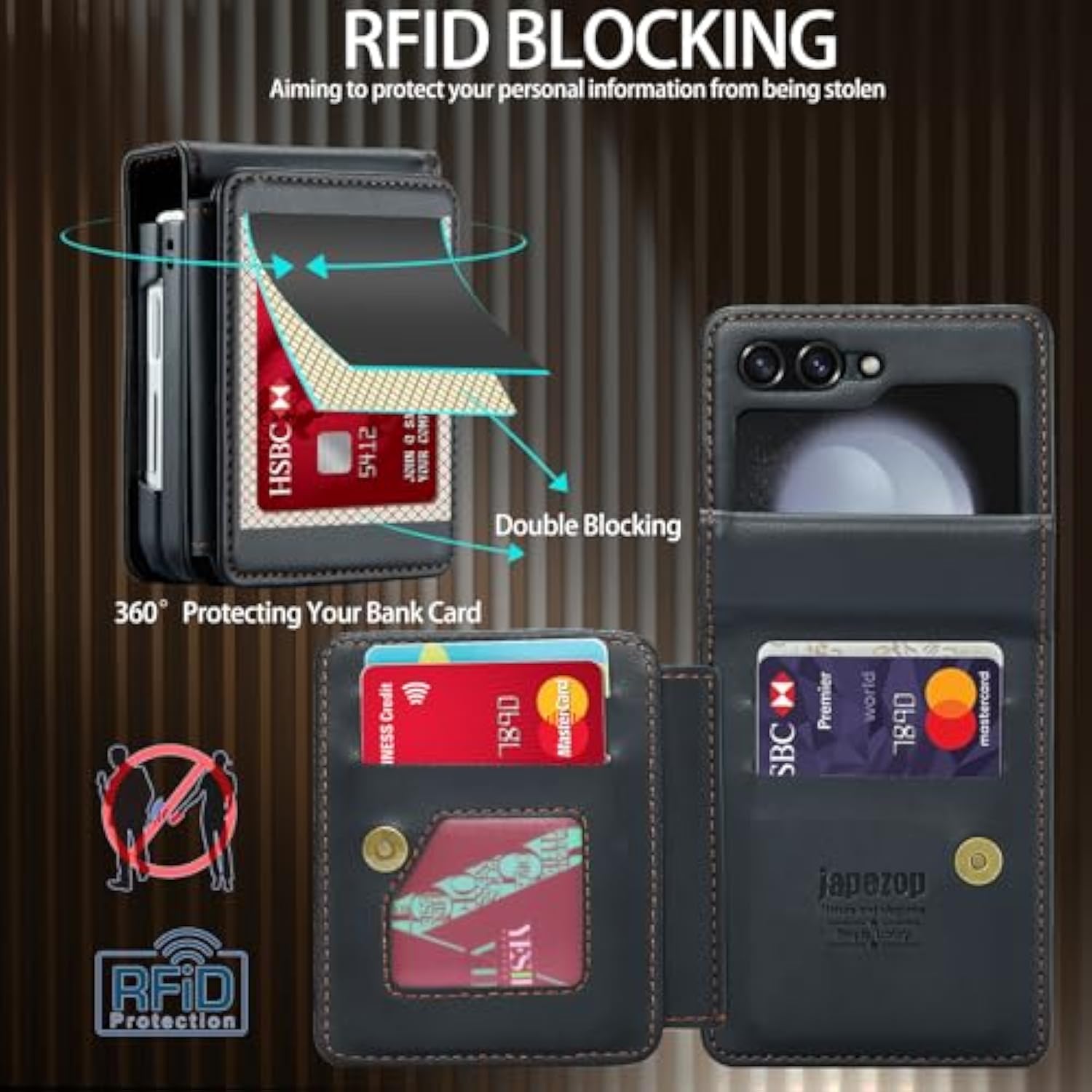 Samsung Galaxy Z Flip 5 Case,Rfid Blocking Leather Wallet Case With Card Holder Kickstand Slim Hard Shockproof Back Case For Galaxy Z Flip 5 5G 2023 (Black)