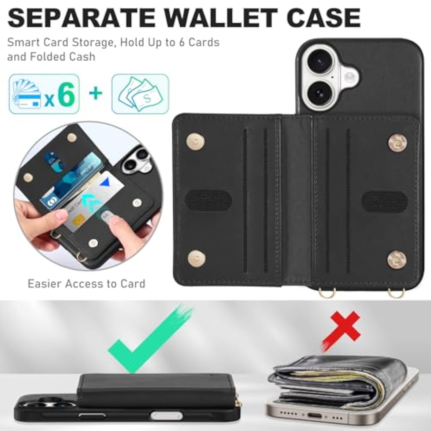 TUCCH Crossbody Wallet Case for iPhone 16 (6.1") 2024, RFID Blocking [6 Card Slots][Detachable Adjustable Lanyard], Magnetic Closure Flip Wallet PU Leather Shockproof Phone Cover for iPhone 16, Black