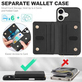 TUCCH Crossbody Wallet Case for iPhone 16 (6.1") 2024, RFID Blocking [6 Card Slots][Detachable Adjustable Lanyard], Magnetic Closure Flip Wallet PU Leather Shockproof Phone Cover for iPhone 16, Black