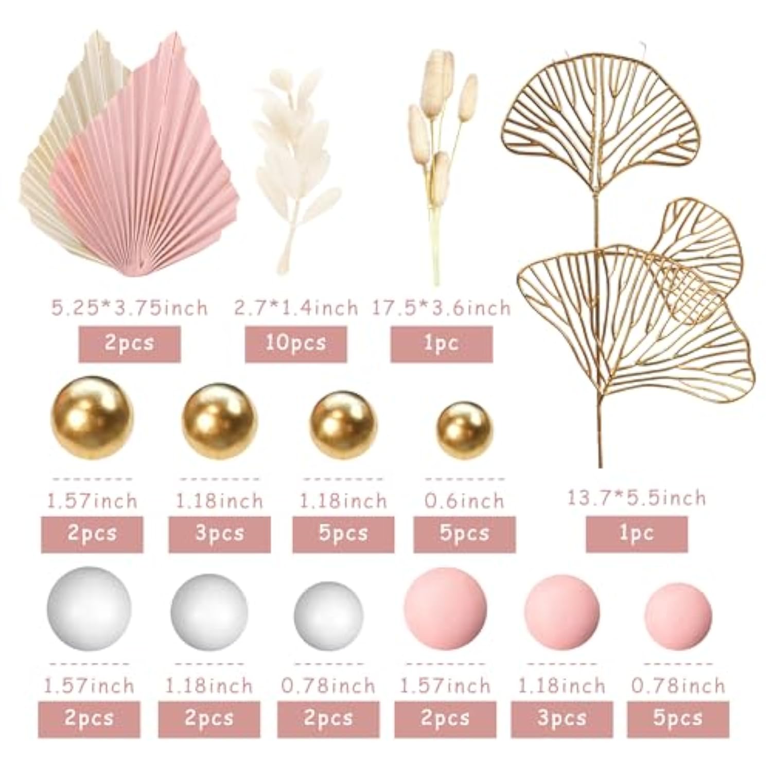 Boho Cake Topper Golden Ginkgo Leaves Cake Decorations With Paper Fans White Gold Balls For Wedding Baby Shower Woman Birthday Boho Themed Party Supplies (Pink)