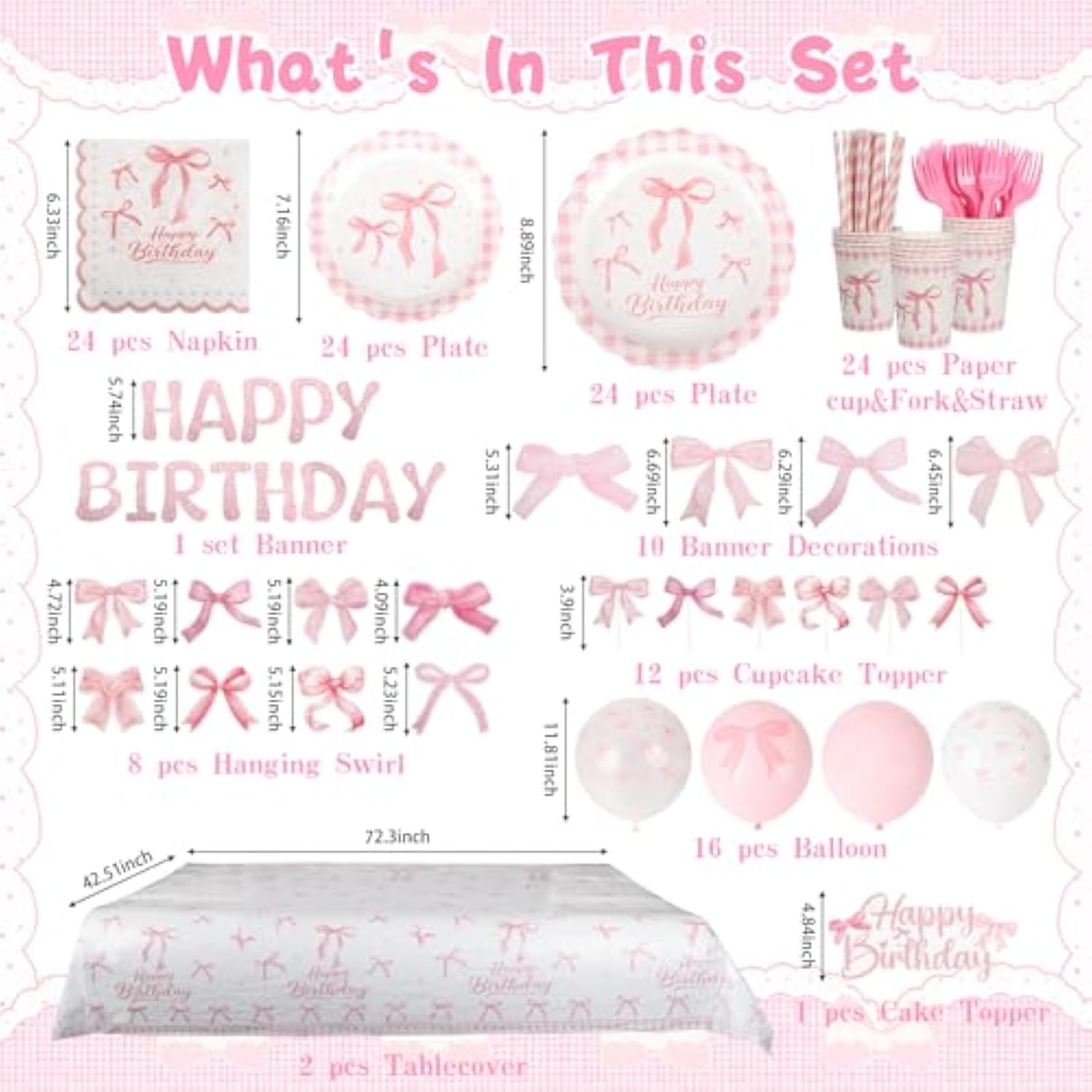 192Pcs Pink Bow Party Supplies,Coquette Birthday Decorations, Include Plates Napkins Cups Cake Top Banner Tablecloth Balloons Bow Theme Tableware For Girls Birthday Party Decor,Serve 24
