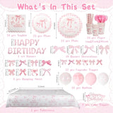 192Pcs Pink Bow Party Supplies,Coquette Birthday Decorations, Include Plates Napkins Cups Cake Top Banner Tablecloth Balloons Bow Theme Tableware For Girls Birthday Party Decor,Serve 24