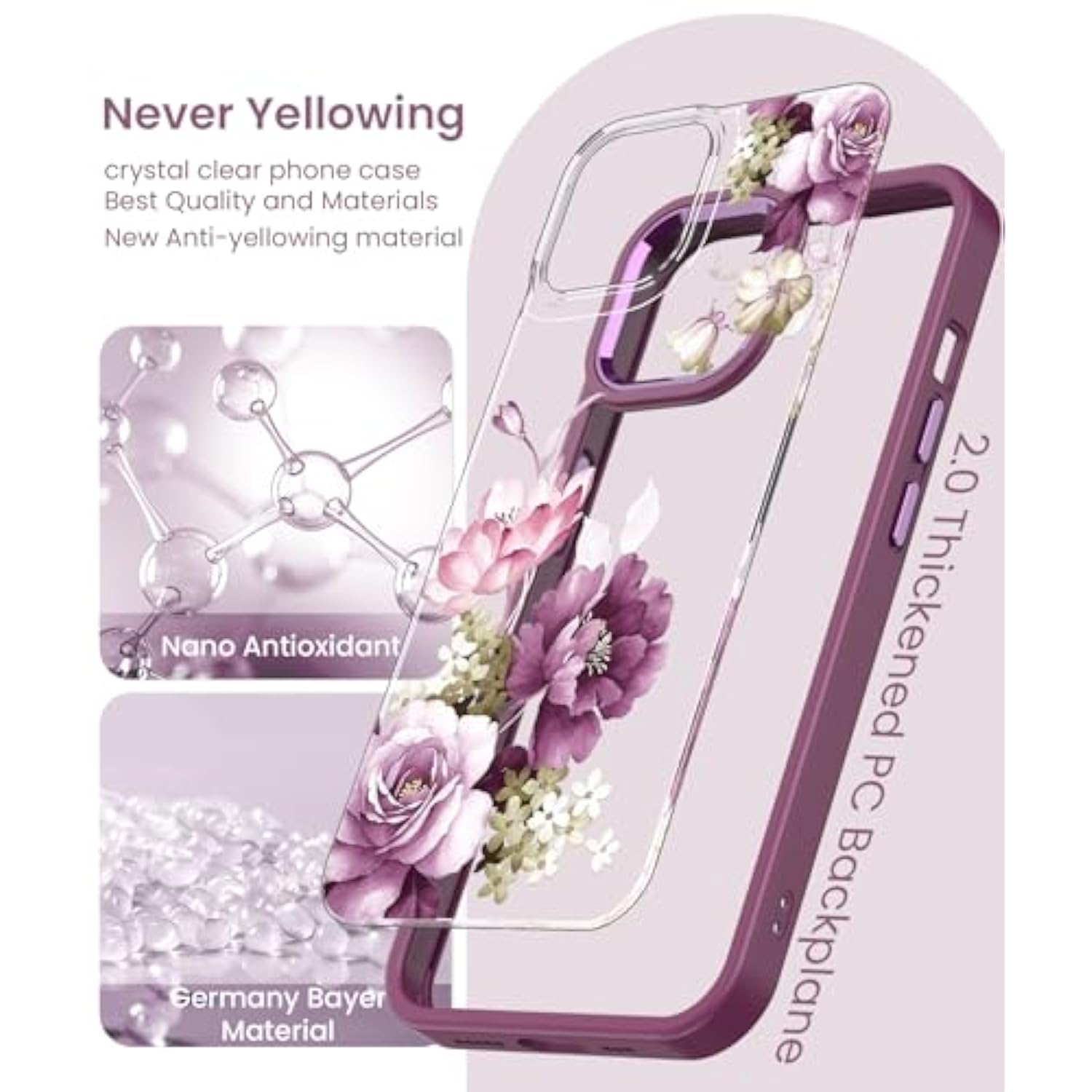 For Iphone 14/13 Case+Tempered Glass Screen Protector, [Military Grade Protective] Slim Soft Tpu & Hard Pc,Girls Women Crystal Clear Flower Pattern Case Cover For Iphone 14/13-Purple