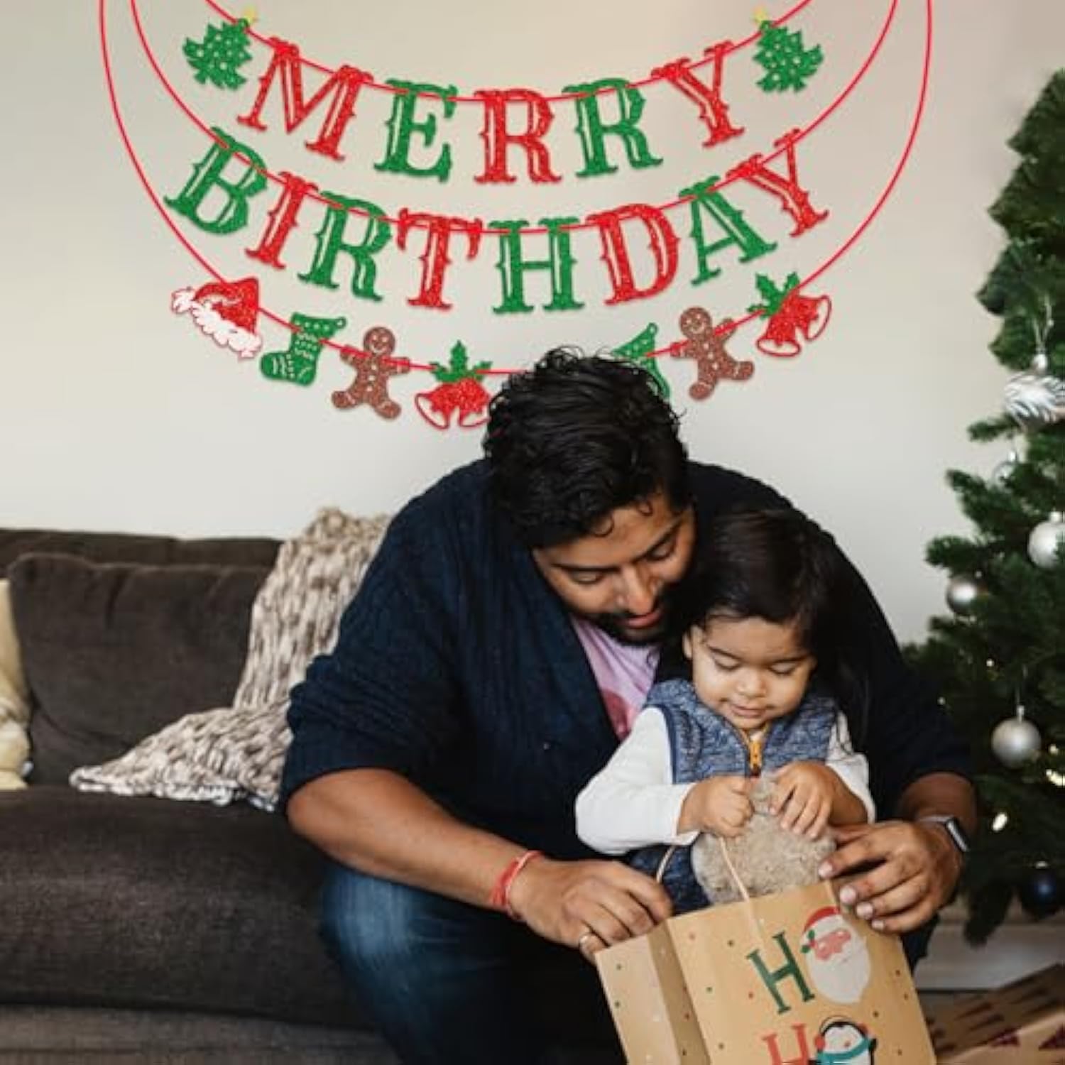 Merry Birthday Banner, Pre-Strung Christmas Birthday Party Decorations, Christmas Party Banner, Red And Green Glitter